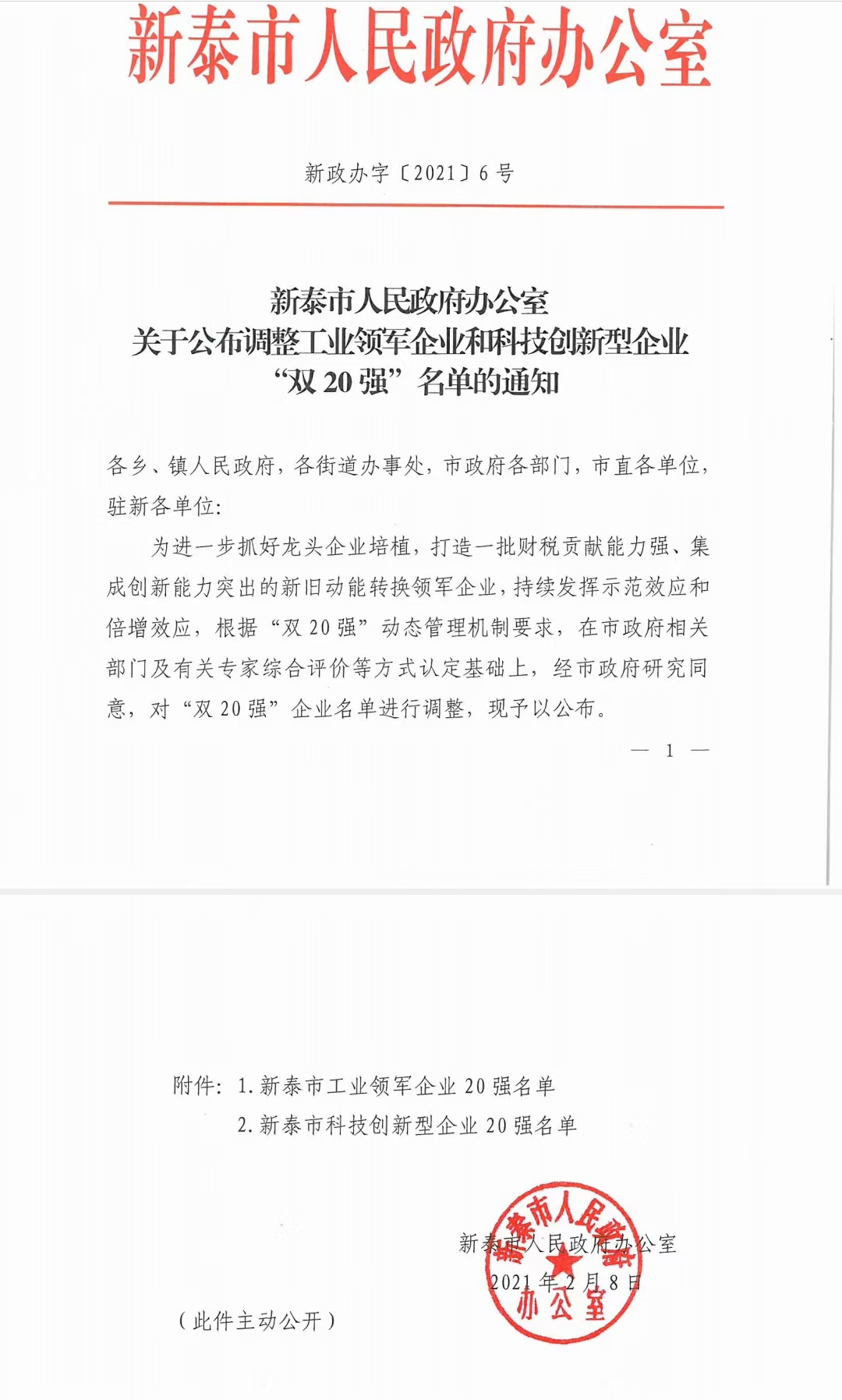 喜訊！公司榮獲“新泰市科技型創(chuàng)新企業(yè)20強(qiáng)”榮譽(yù)稱號(hào)(圖1)